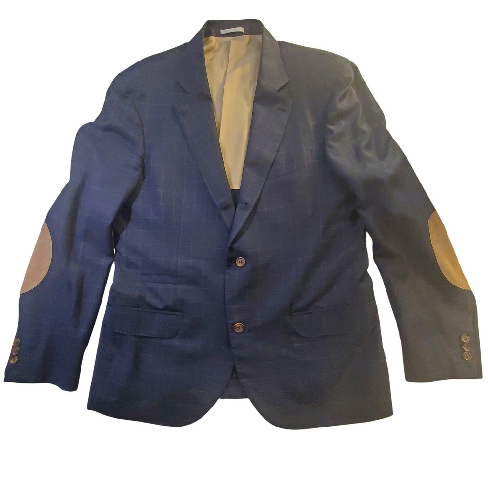 Brunello Cucinelli Mens US 44 Navy Wool Windowpane Blazer Leather Elbow Patch